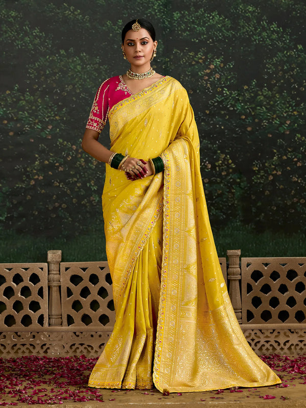 Golden Yellow Bridal Dola Silk Weeding Saree