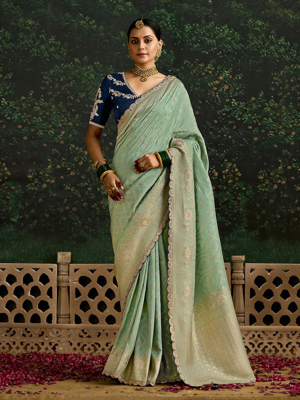 Designer Mint Green Emboidery Dola Silk Weeding Saree