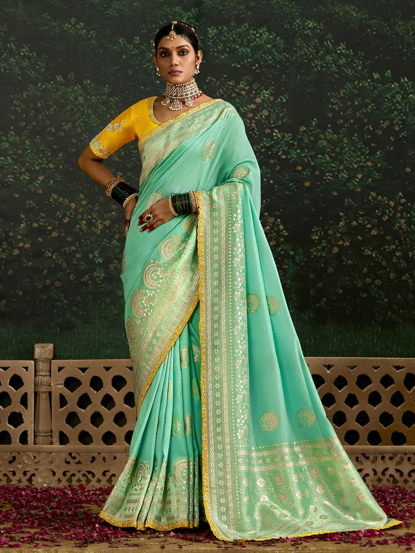 Sea Green Bridal Embroidered Dola Silk Weeding Saree