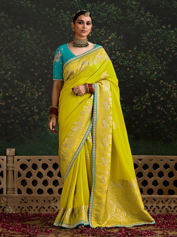 Lime Green Festival Designer Dola Silk Emboidery Saree