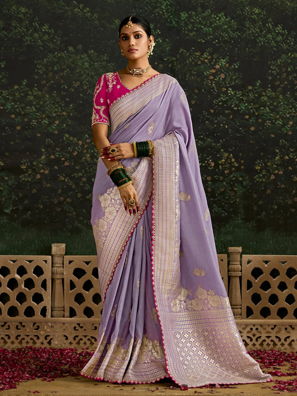 Lavender Bridal Dola Silk Embrodery Weeding Saree