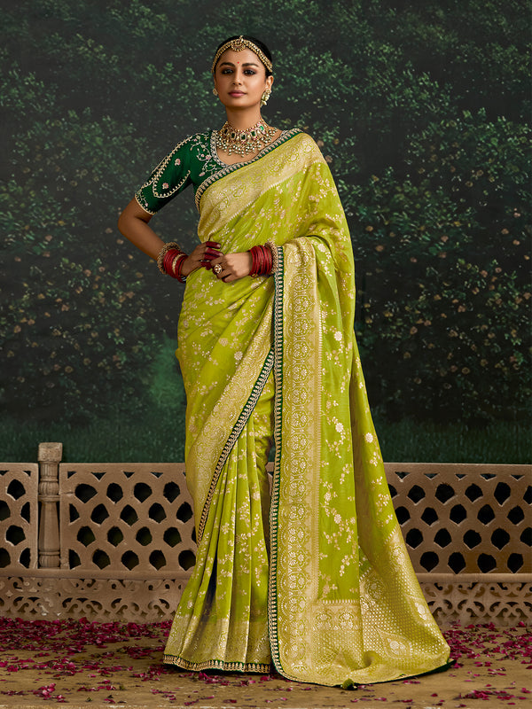 Banarasi Designer Festival Lime green Saree In Dola Silk