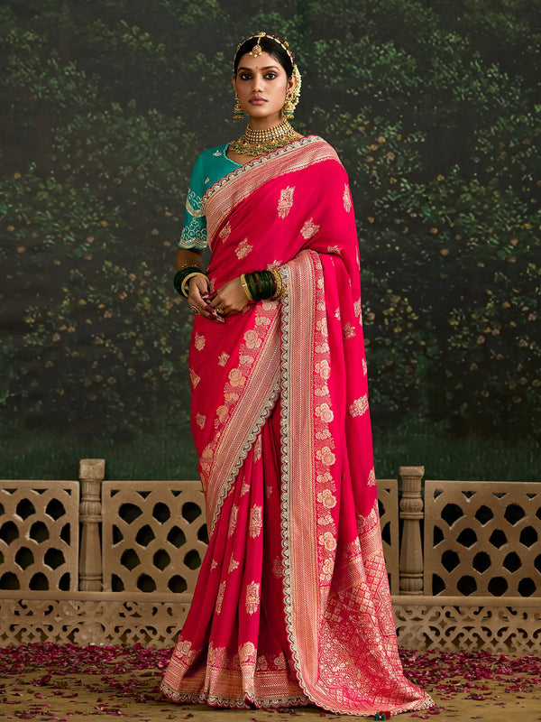 Rani Pink Bridal Embroidered Dola Silk Weeding Saree