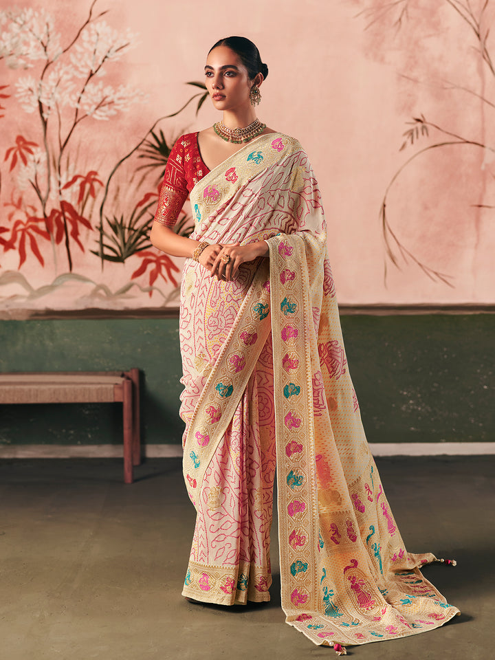 Pure Khaddi Georgette Bandhej Saree in Cream with Weaving Work