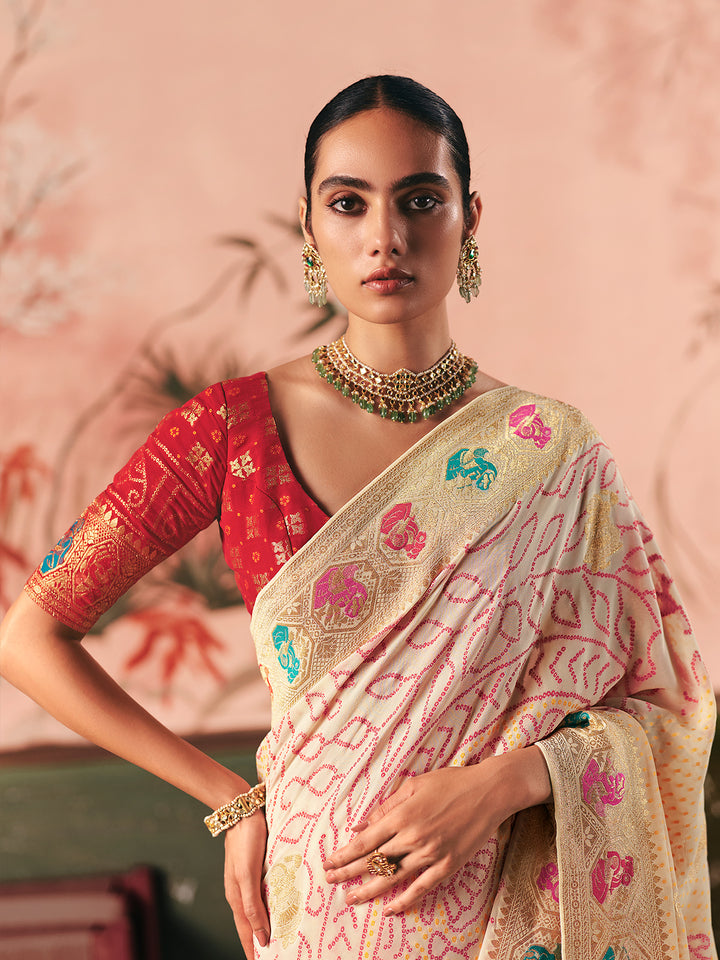 Pure Khaddi Georgette Bandhej Saree in Cream with Weaving Work