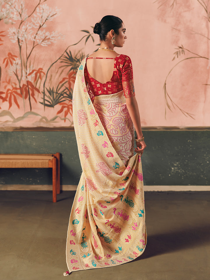 Pure Khaddi Georgette Bandhej Saree in Cream with Weaving Work