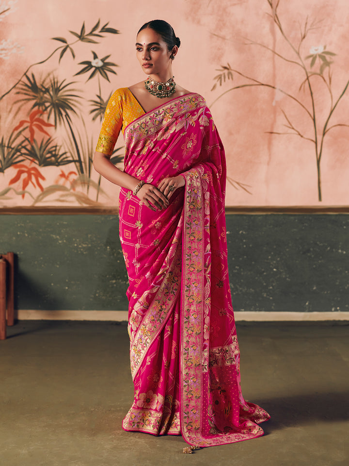 Rani Pink Pure Khaddi Georgette Bandhej Saree with Weaving Work & Yellow Blouse | Festive Wedding Wear