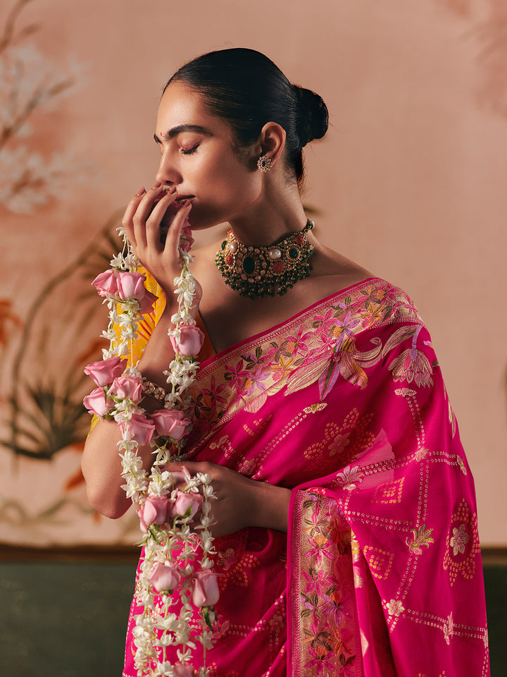 Rani Pink Pure Khaddi Georgette Bandhej Saree with Weaving Work & Yellow Blouse | Festive Wedding Wear