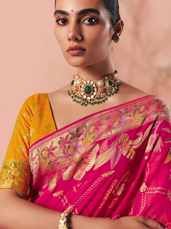 Rani Pink Pure Khaddi Georgette Bandhej Saree with Weaving Work & Yellow Blouse | Festive Wedding Wear