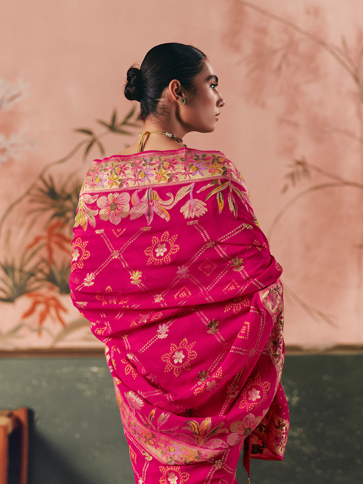 Rani Pink Pure Khaddi Georgette Bandhej Saree with Weaving Work & Yellow Blouse | Festive Wedding Wear