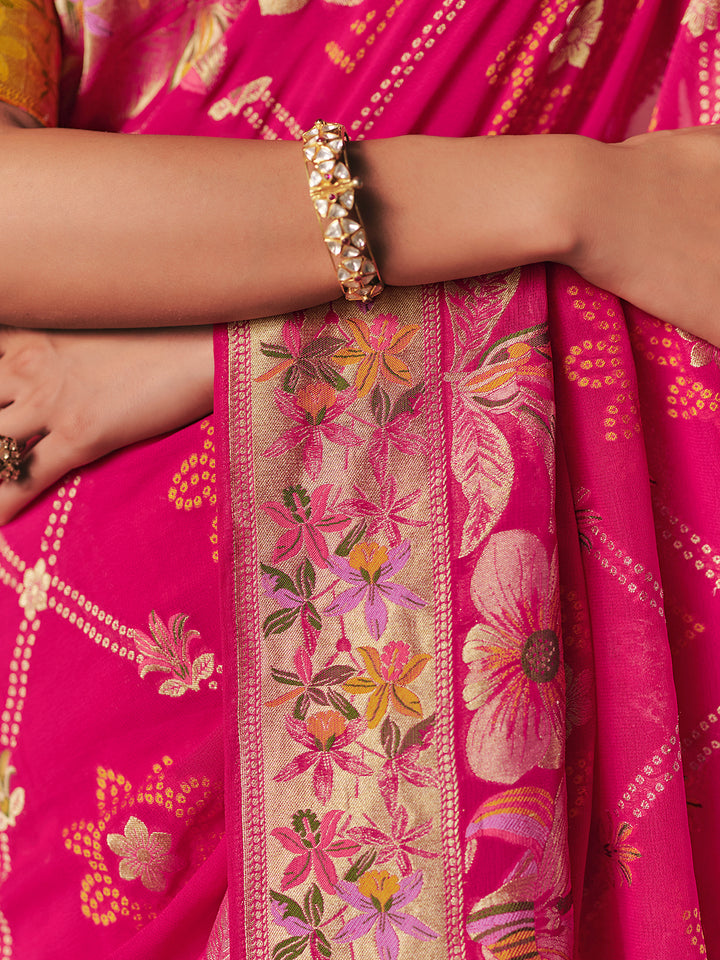 Rani Pink Pure Khaddi Georgette Bandhej Saree with Weaving Work & Yellow Blouse | Festive Wedding Wear
