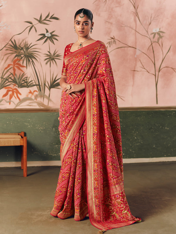 Red Khaddi Georgette Bandhej Saree with Weaving Work | Festive Wedding Wear