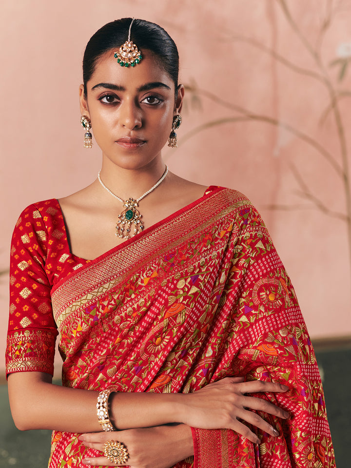Red Khaddi Georgette Bandhej Saree with Weaving Work | Festive Wedding Wear