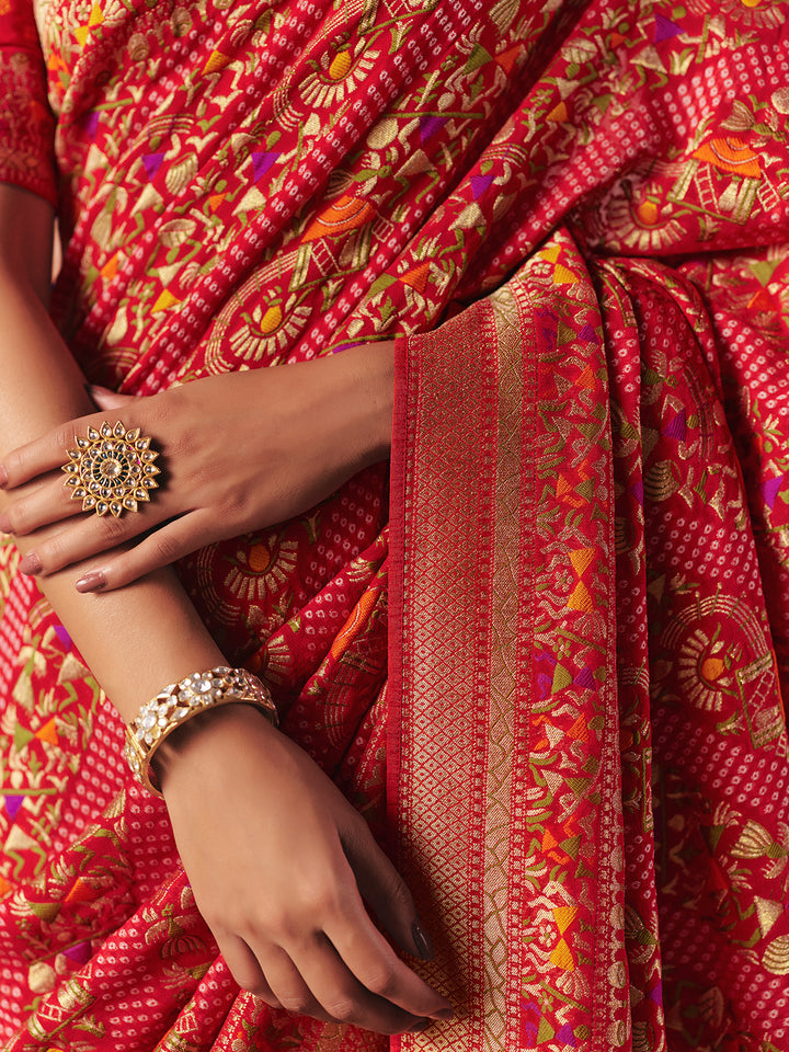 Red Khaddi Georgette Bandhej Saree with Weaving Work | Festive Wedding Wear