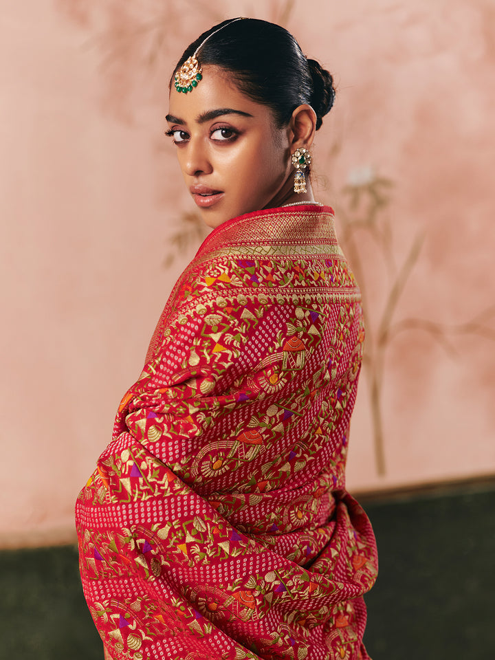 Red Khaddi Georgette Bandhej Saree with Weaving Work | Festive Wedding Wear