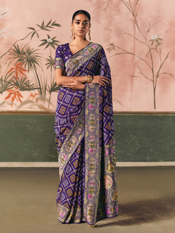 Pure Purple Khaddi Georgette Bandhej Saree | Designer Festive & Wedding Wear