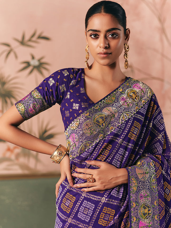 Pure Purple Khaddi Georgette Bandhej Saree | Designer Festive & Wedding Wear