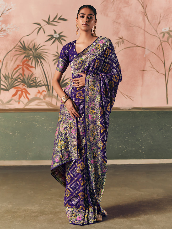 Pure Purple Khaddi Georgette Bandhej Saree | Designer Festive & Wedding Wear