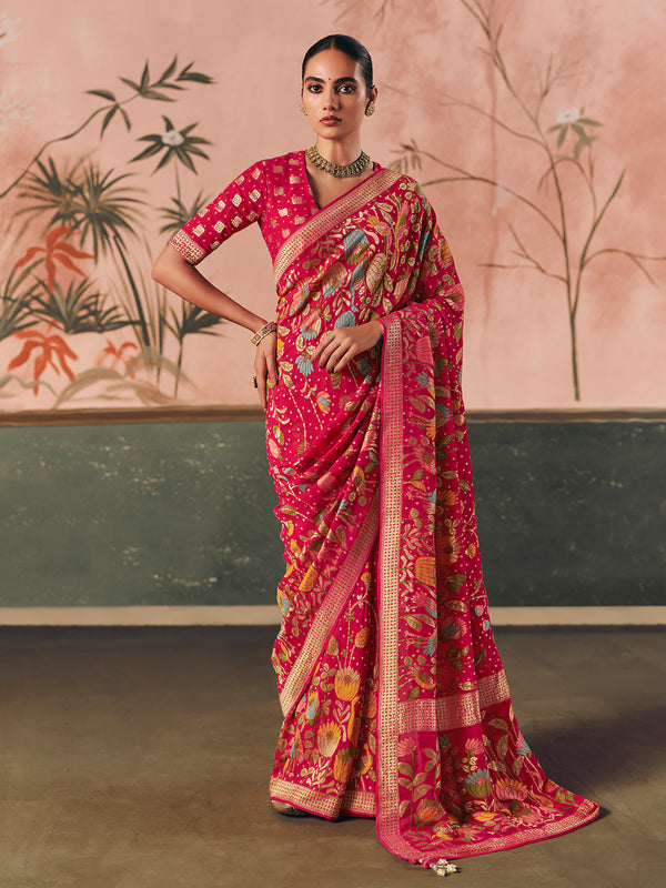 Red Pure Khaddi Georgette Bandhej Saree for Wedding & Festive Occasions