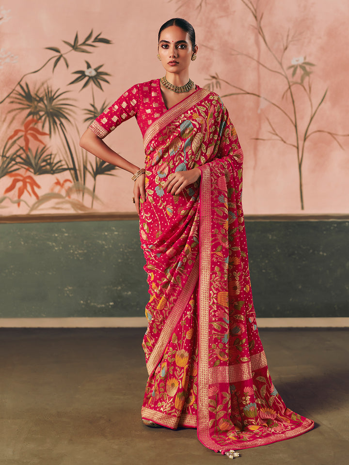 Red Pure Khaddi Georgette Bandhej Saree for Wedding & Festive Occasions