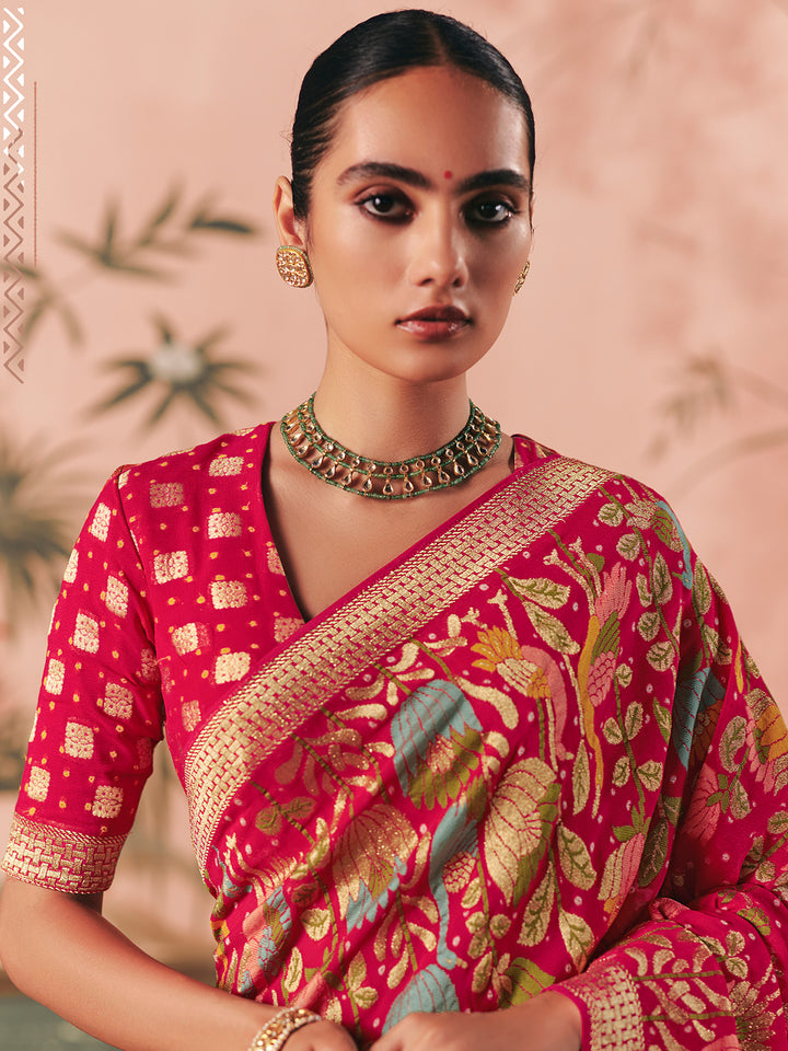 Red Pure Khaddi Georgette Bandhej Saree for Wedding & Festive Occasions