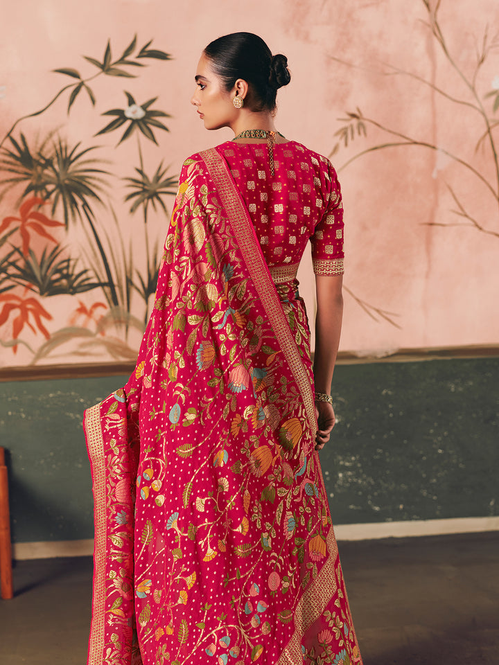 Red Pure Khaddi Georgette Bandhej Saree for Wedding & Festive Occasions