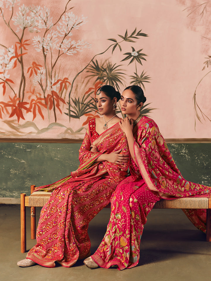 Red Pure Khaddi Georgette Bandhej Saree for Wedding & Festive Occasions