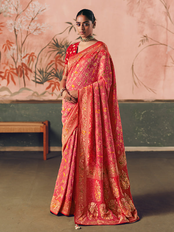 Orange Khaddi Georgette Bandhej Saree with Red Blouse