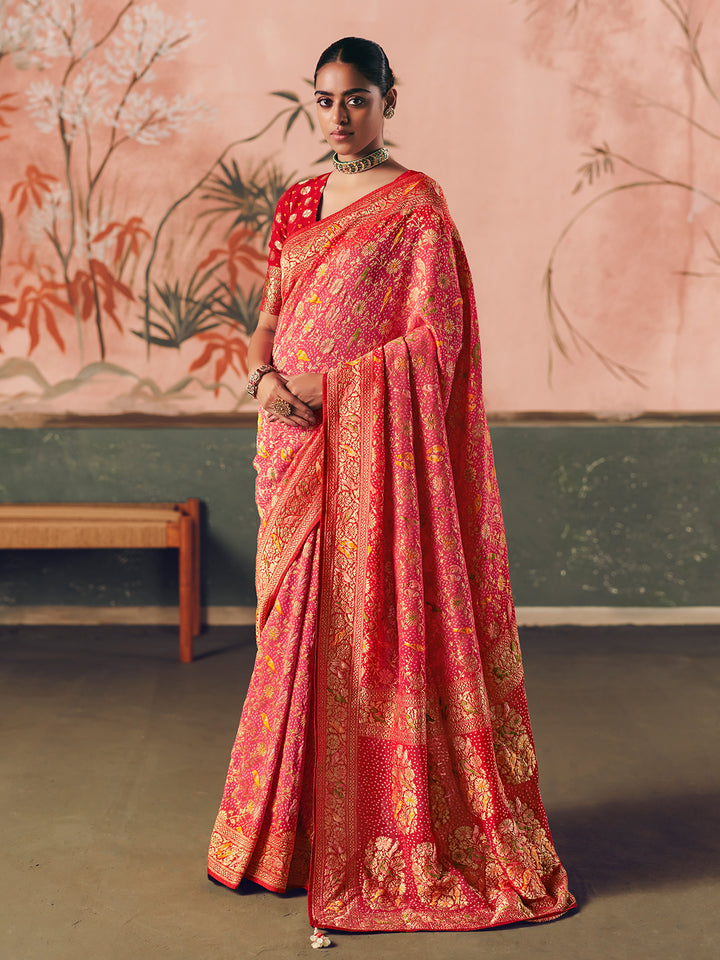 Orange Khaddi Georgette Bandhej Saree with Red Blouse