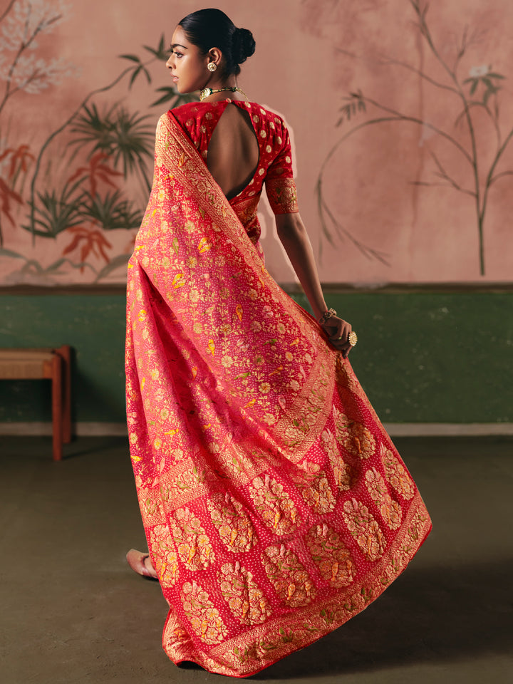 Orange Khaddi Georgette Bandhej Saree with Red Blouse