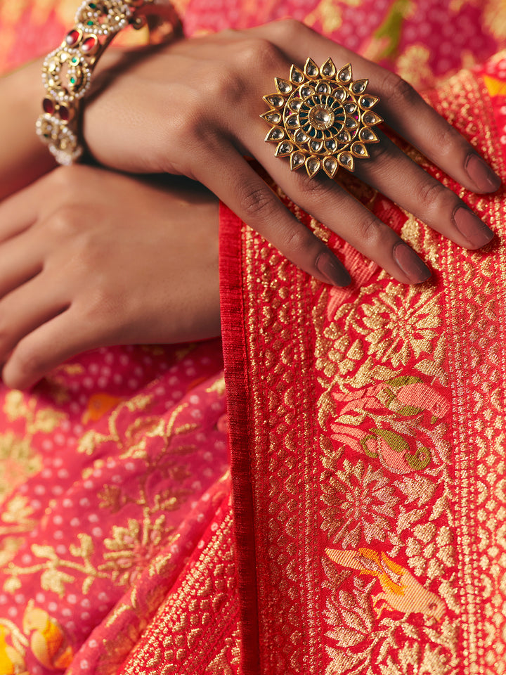 Orange Khaddi Georgette Bandhej Saree with Red Blouse