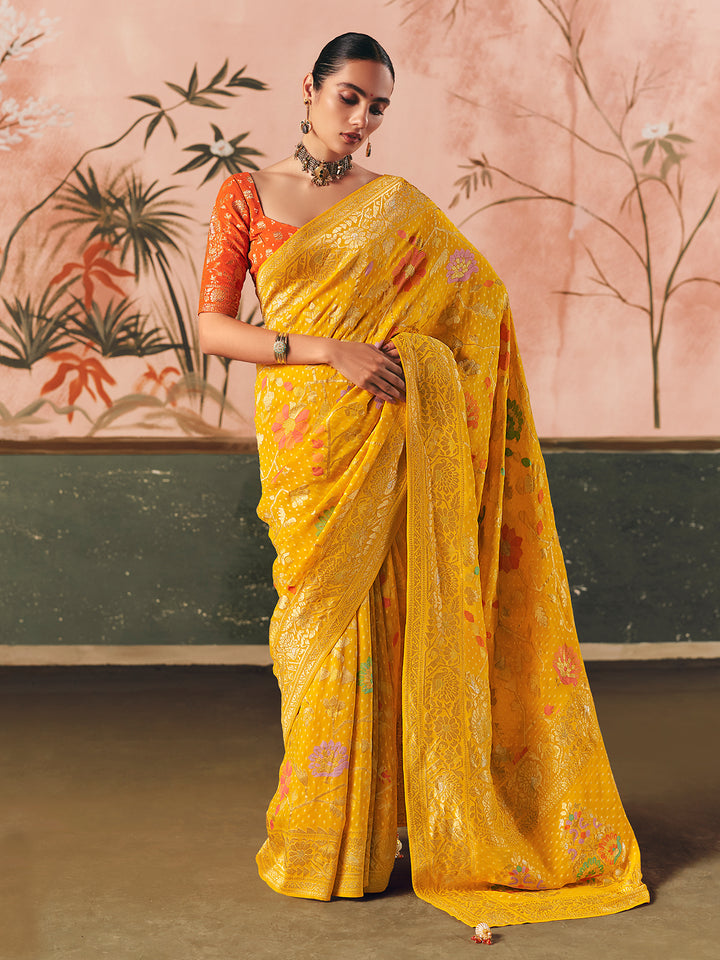 Pure Khaddi Georgette Bandhej Saree Yellow & Orange | Designer Wedding Festive Wear