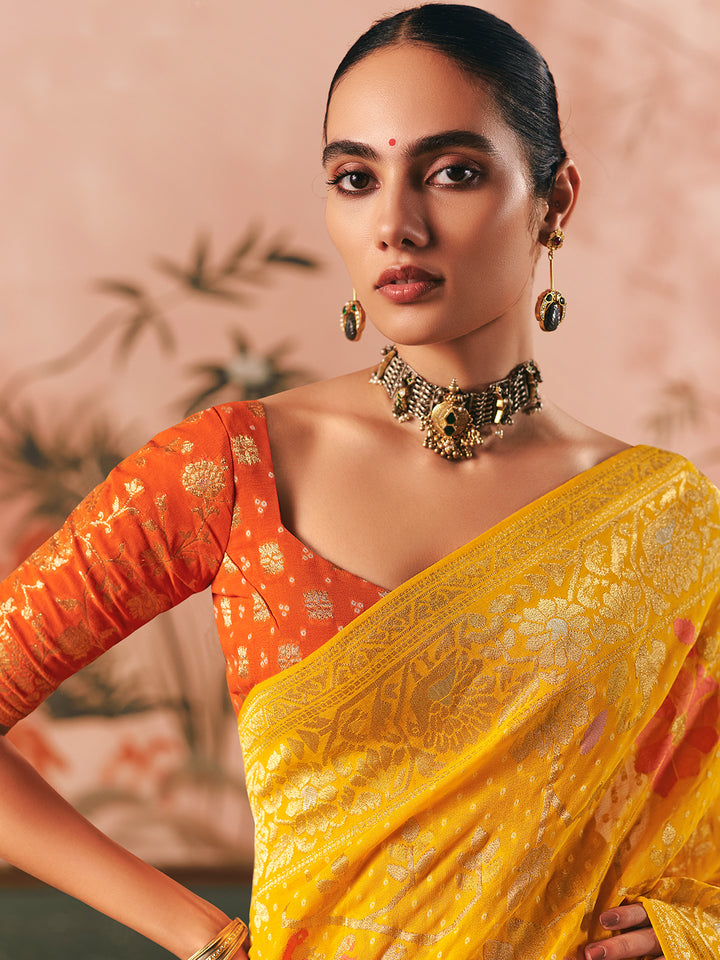 Pure Khaddi Georgette Bandhej Saree Yellow & Orange | Designer Wedding Festive Wear