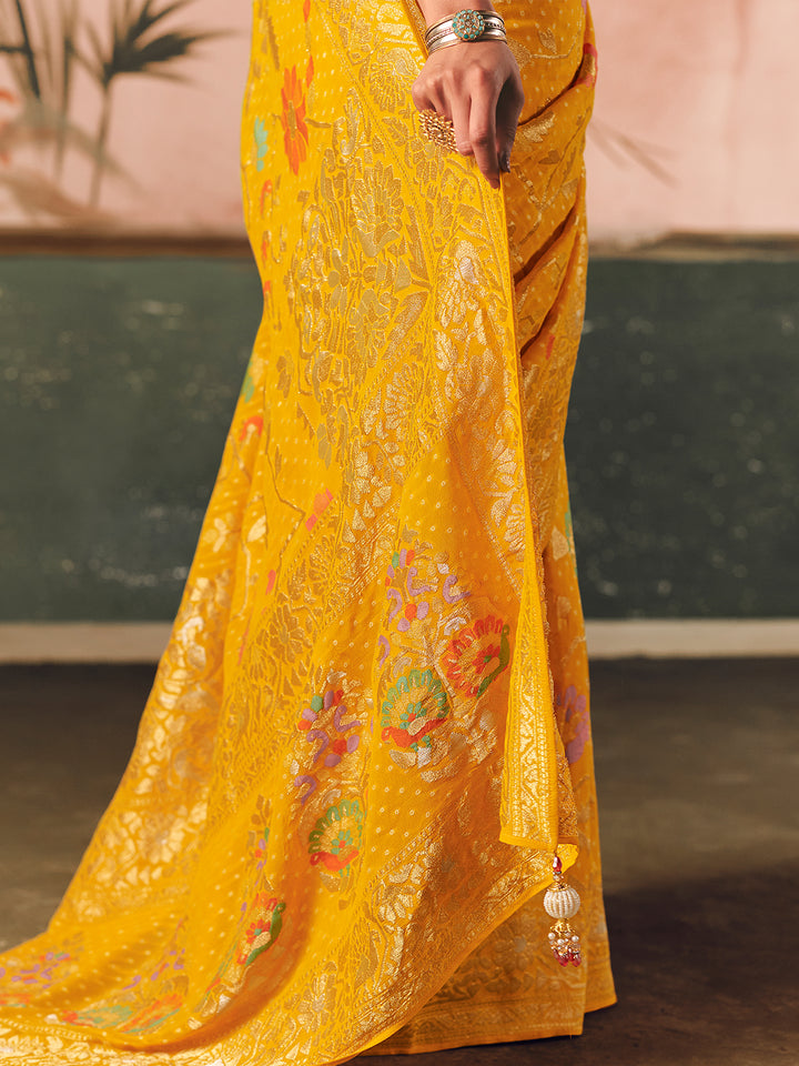 Pure Khaddi Georgette Bandhej Saree Yellow & Orange | Designer Wedding Festive Wear