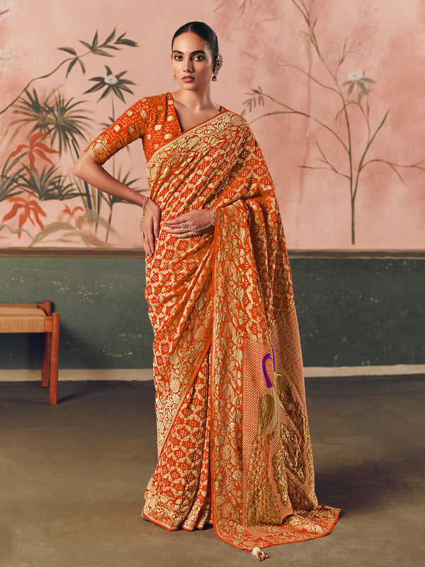 Mustard Pure Khaddi Georgette Bandhej Saree with Designer Weaving Work