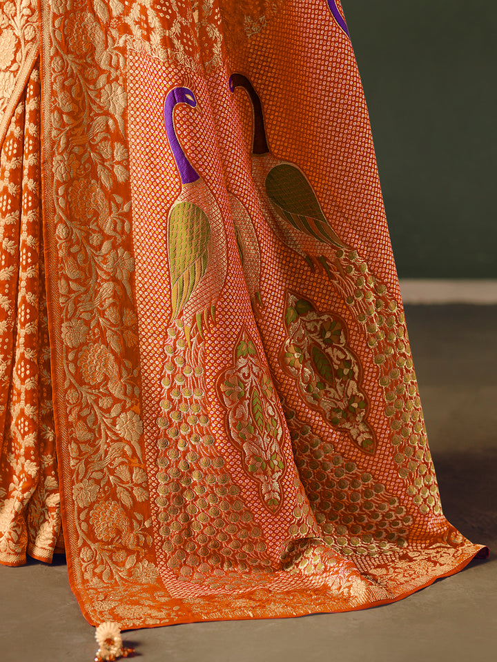 Mustard Pure Khaddi Georgette Bandhej Saree with Designer Weaving Work