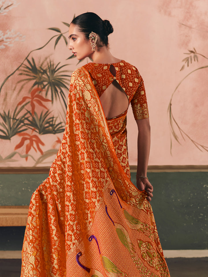 Mustard Pure Khaddi Georgette Bandhej Saree with Designer Weaving Work