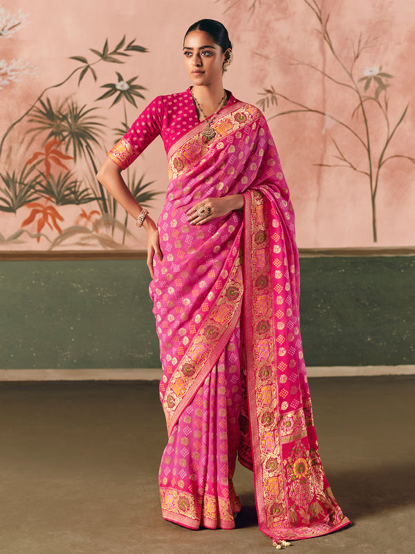 Pure Red Khaddi Georgette Bandhej Saree for Wedding & Festive Wear