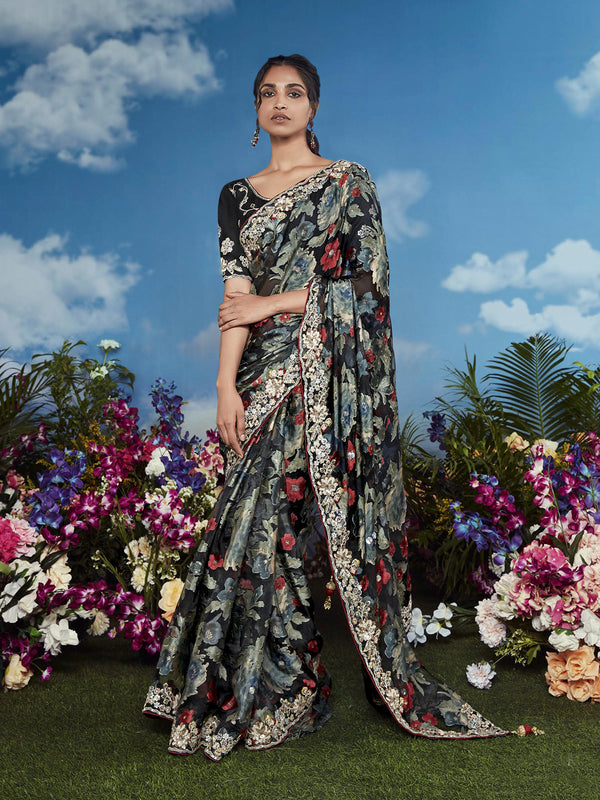 Black Brasso Saree with Heavy Embroidery Floral Border For Festival Wear