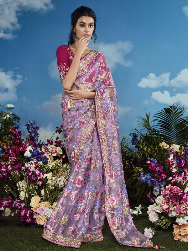 light purple Brasso Saree with Heavy Embroidery Floral Border For Festival Wear