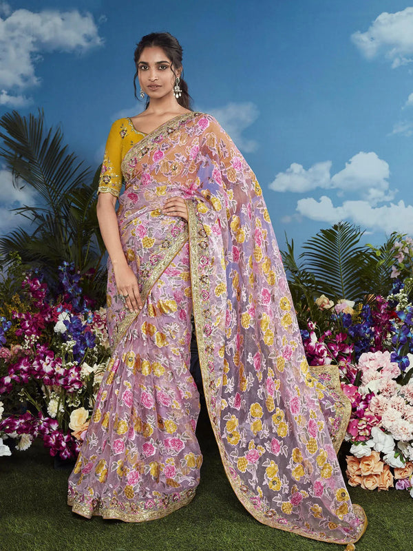 Light Pink Brasso Saree with Heavy Embroidery Floral Border For Festival Wear