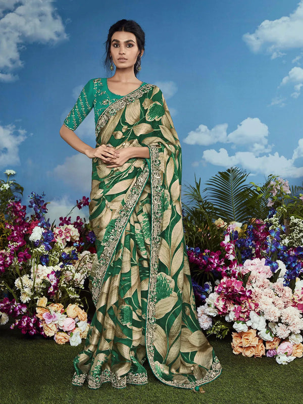 Green Brasso Saree with Heavy Embroidery Floral Border For Festival Wear