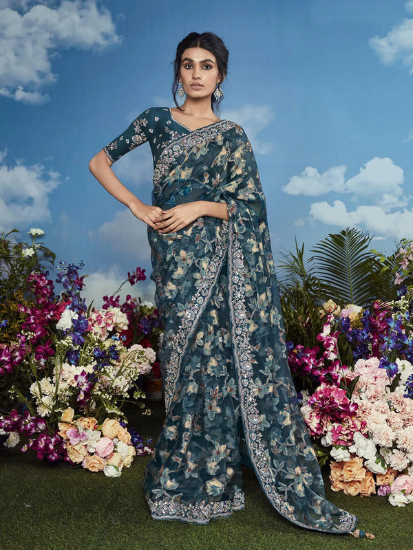 Navy Blue Brasso Saree with Heavy Embroidery Floral Border For Festival Wear