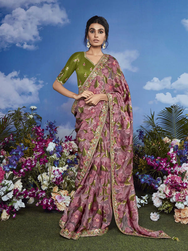 Dusty Pink Brasso Saree with Heavy Embroidery Floral Border For Festival Wear