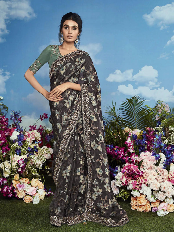 Dark Grey Brasso Saree with Heavy Embroidery Floral Border For Festival Wear