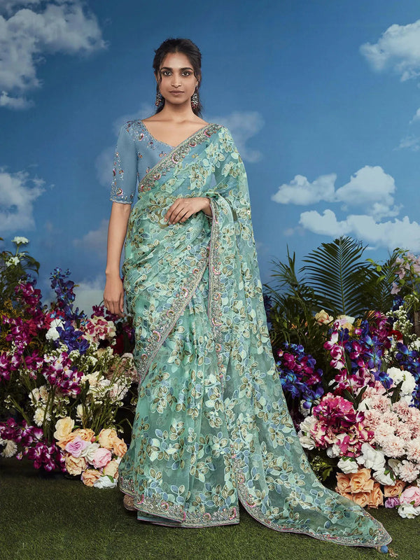 Pista Green Brasso Saree with Heavy Embroidery Floral Border For Festival Wear