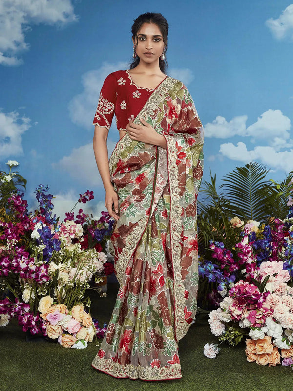 Multi-Color Brasso Saree with Heavy Embroidery Floral Border For Festival Wear