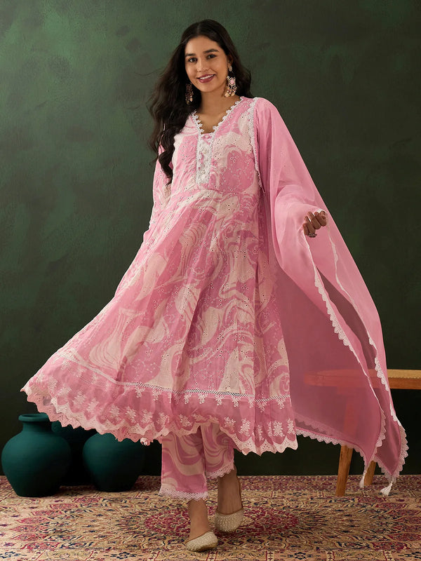 Pink Embroidered Kurta Set with Palazzo Pants & Dupatta