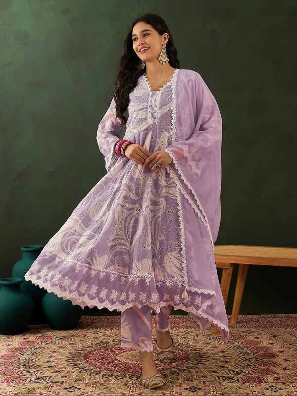 Purple Cotton Embroidery Kurta Set with Palazzo Pants & Dupatta