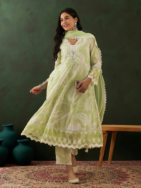 Green Cotton Embroidery Kurta Set with Palazzo Pants & Dupatta